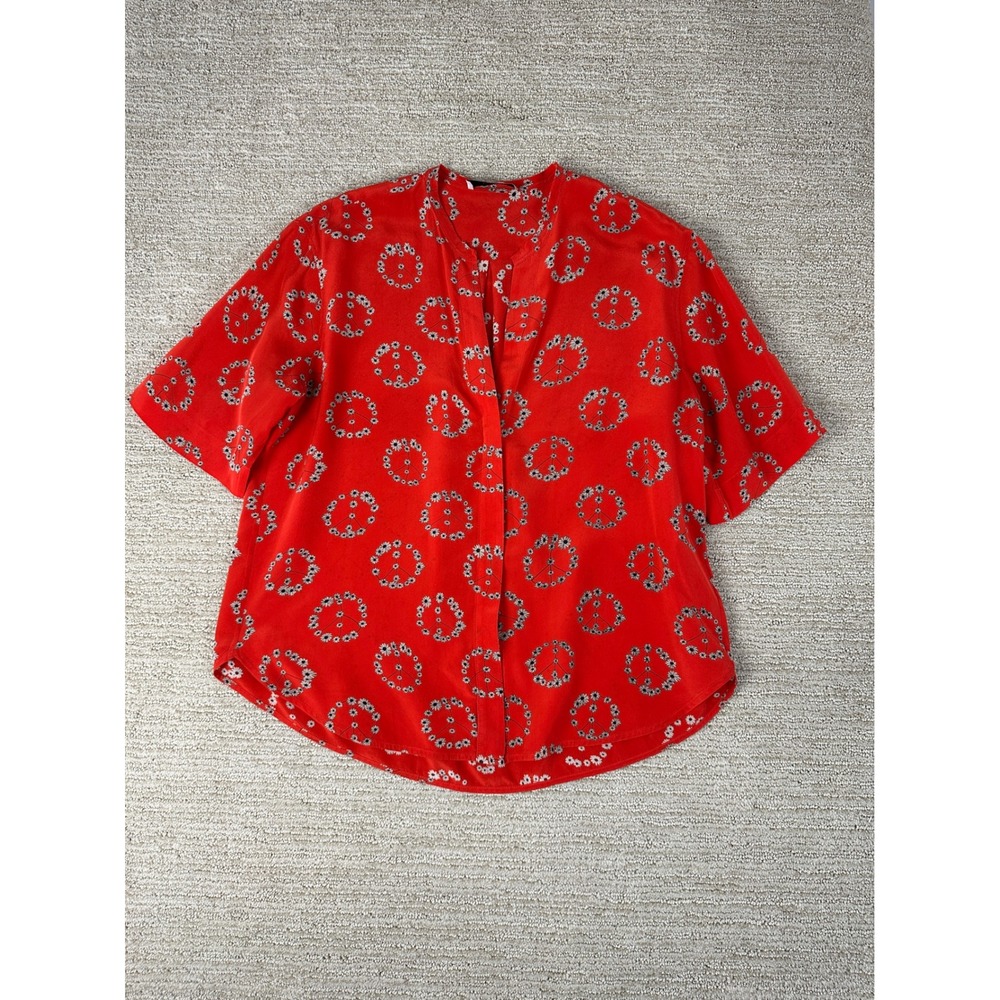 Sandro Paris Red Silk Daisy Peace Sign Print Short Sleeve Blouse Top